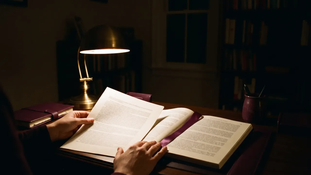 Hands holding a printed page beside an open reference volume under a desk lamp