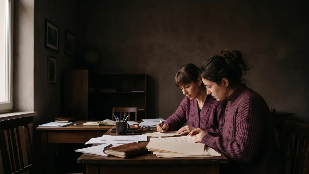 Translator and reviewer reading the same document together at a table by a window