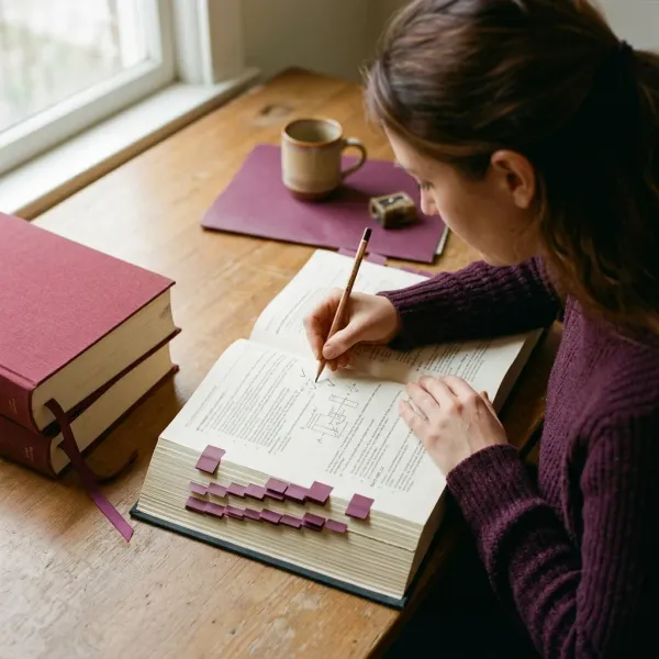 Reviewer pencilling corrections into a technical manual with tabs along the page edge