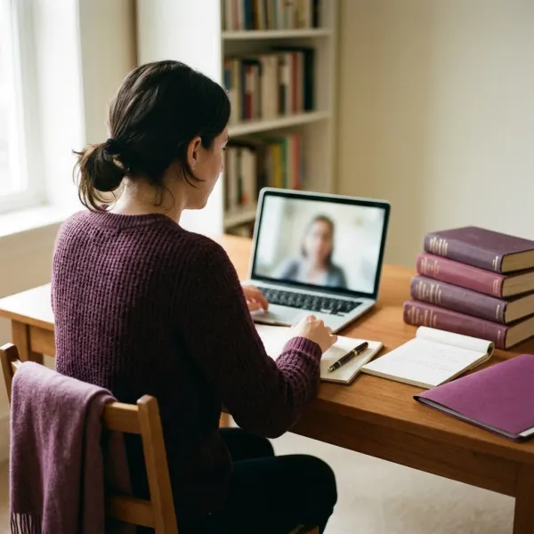 Translator on a video call with a client, dictionaries stacked at the side of the desk