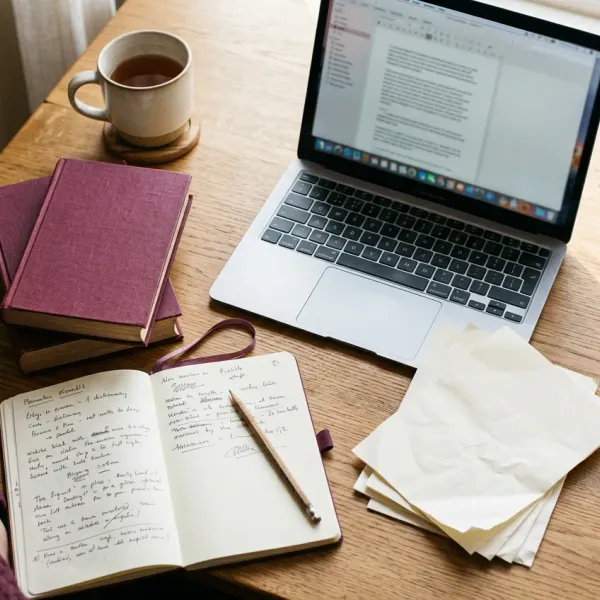 Desk from above with a laptop, cloth-bound dictionaries, a notebook and a pencil