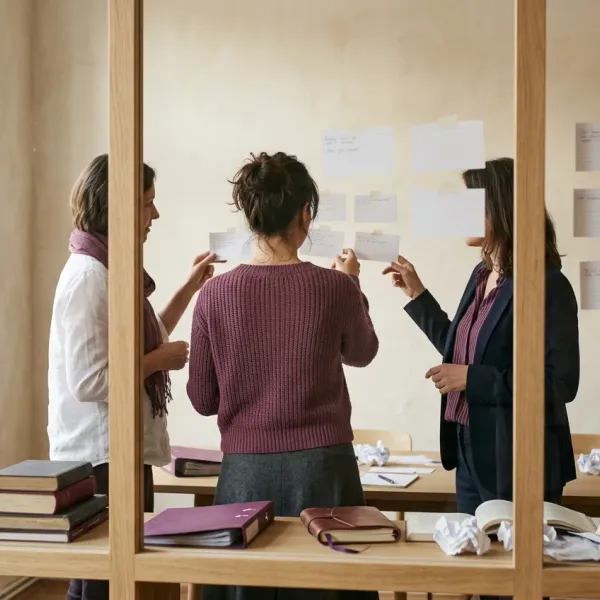 Three colleagues at a glass partition agreeing terminology written on index cards