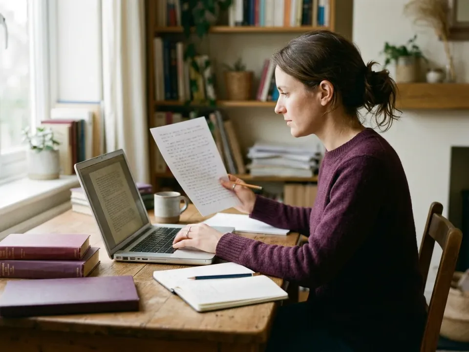 Translator at a wooden desk holding a printed page beside the translation on her laptop