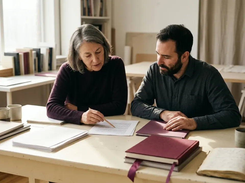Two colleagues leaning over a printed document, one pointing at a paragraph with a pencil