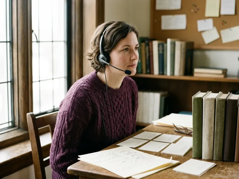 Linguist in a headset on a client call with an annotated printout and index cards on the desk