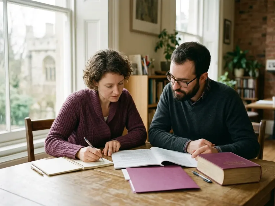 Two colleagues going through a printed document together at a meeting table